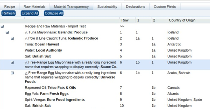 This shows the Food Specification Material Transparency.