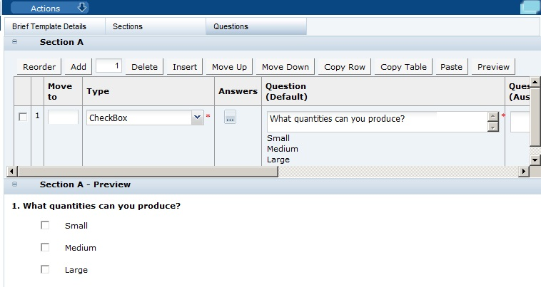 This figure shows the New Brief Template Questions page. This figure shows the New Brief Template Questions page.