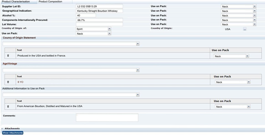 This shows the BWS Specification Product Characterisation.