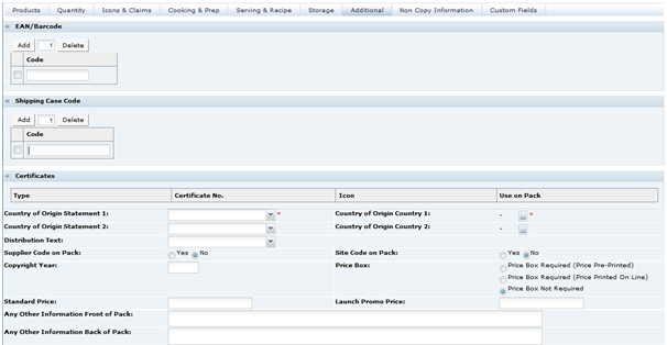 This figure shows the Food Specification Additional page.