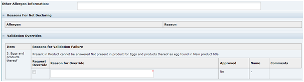 This figure shows the Food Specification Other Allergen page.