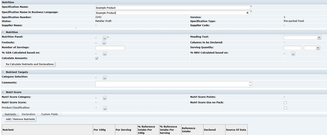 This figure shows the Food Specification Nutrition page.