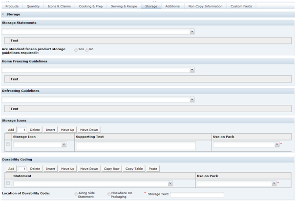 This figure shows the Food Specification Storage page.