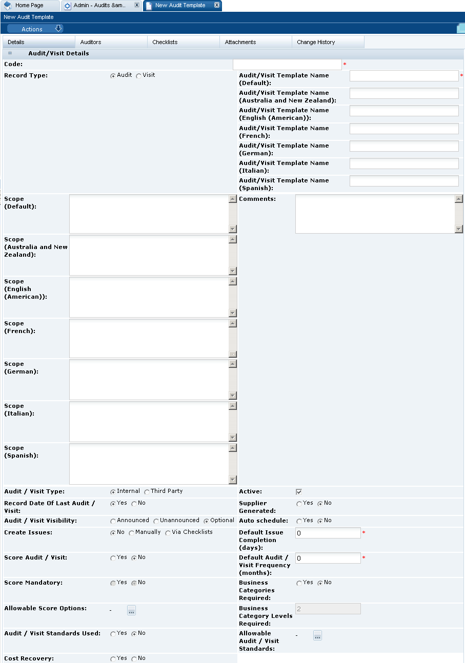 This figure shows the New Audit Template page.
