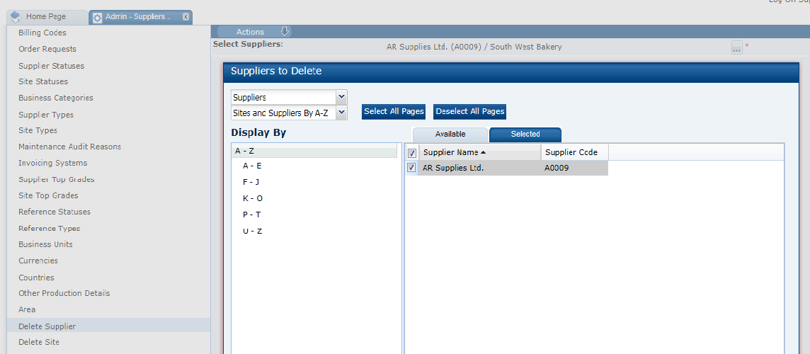 This figure shows the Suppliers to Delete page.