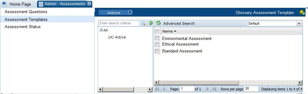 This figure shows the Glossary Assessment Templates page.