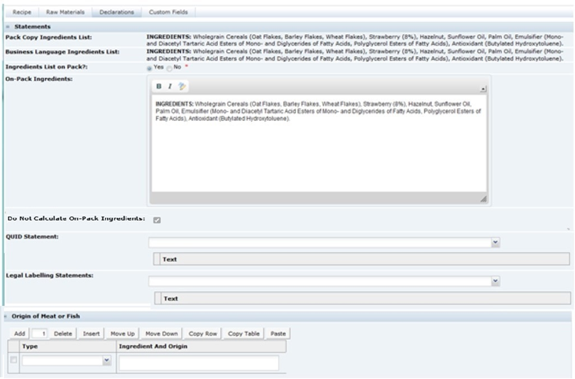 This figure shows the Food Specification Declarations page. This figure shows the Food Specification Declarations page.