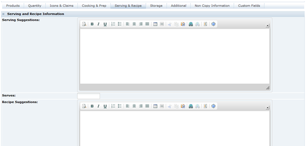 This shows the Food Specification Serving and Recipe page. This shows the Food Specification Serving and Recipe page.