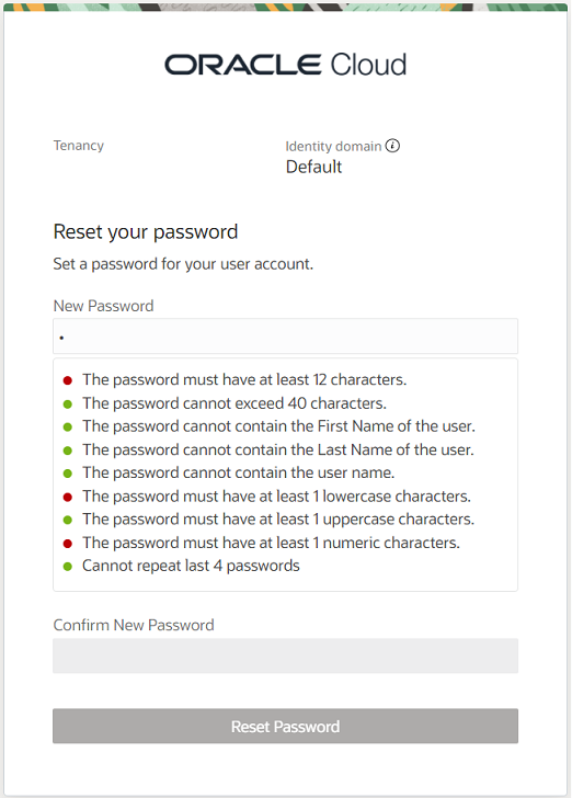 This figure shows the OCI IAM Reset Password page. This figure shows the OCI IAM Reset Password page.