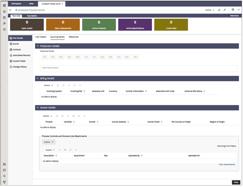 Sourcing Details screen