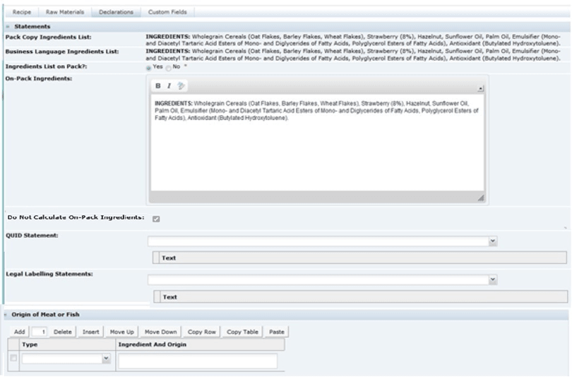 This figure shows the Food Specification Declarations page.