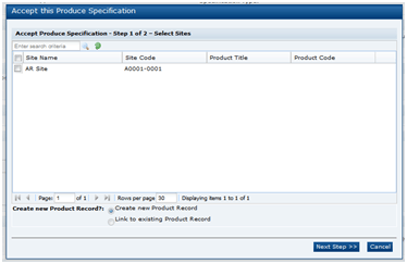 This figure shows the Accept Produce Specification step 1.