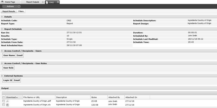 This figure shows the Report Output Details page.