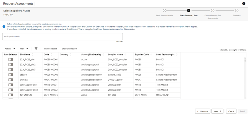 This figure shows the Select Supplier/Sites page.