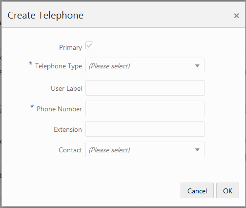 This figure shows the Create Telephone dialog