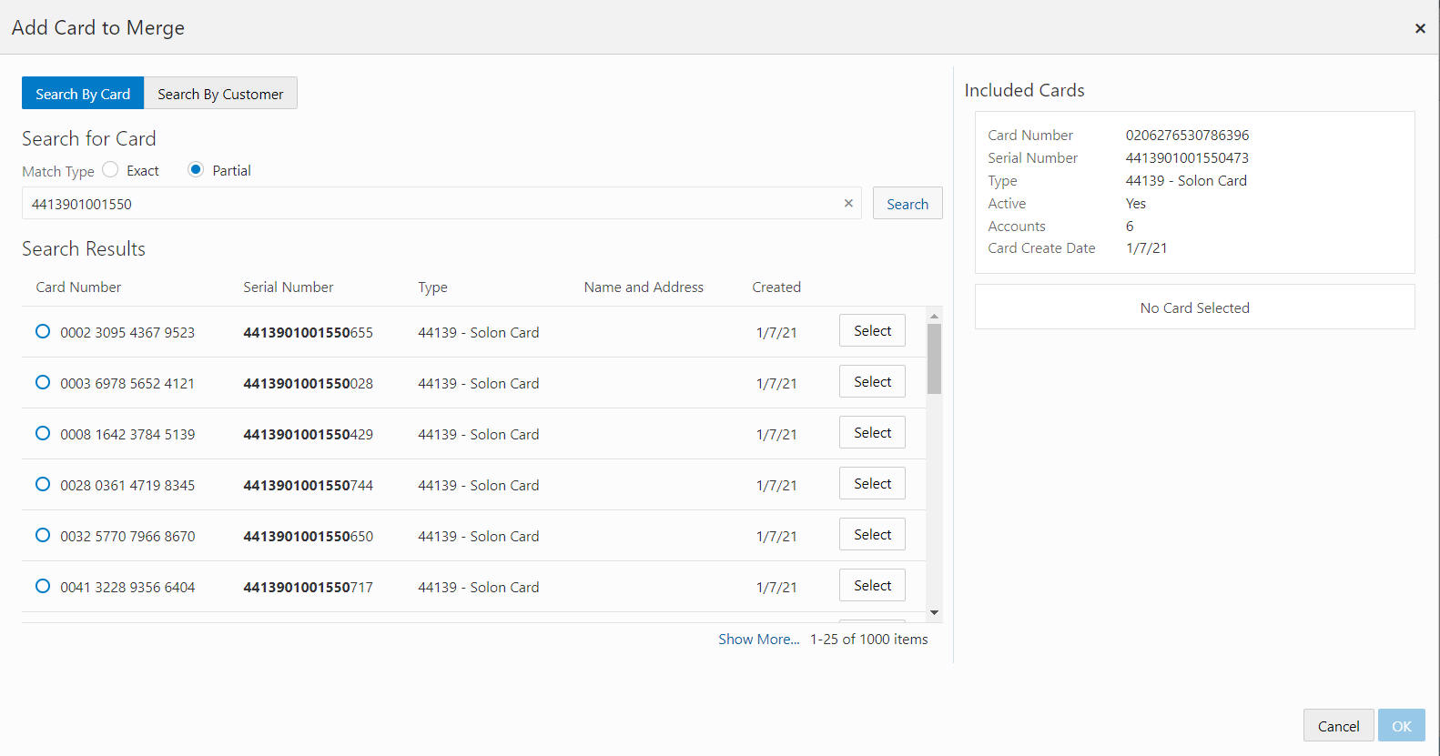 Search Results: Add Card to Merge