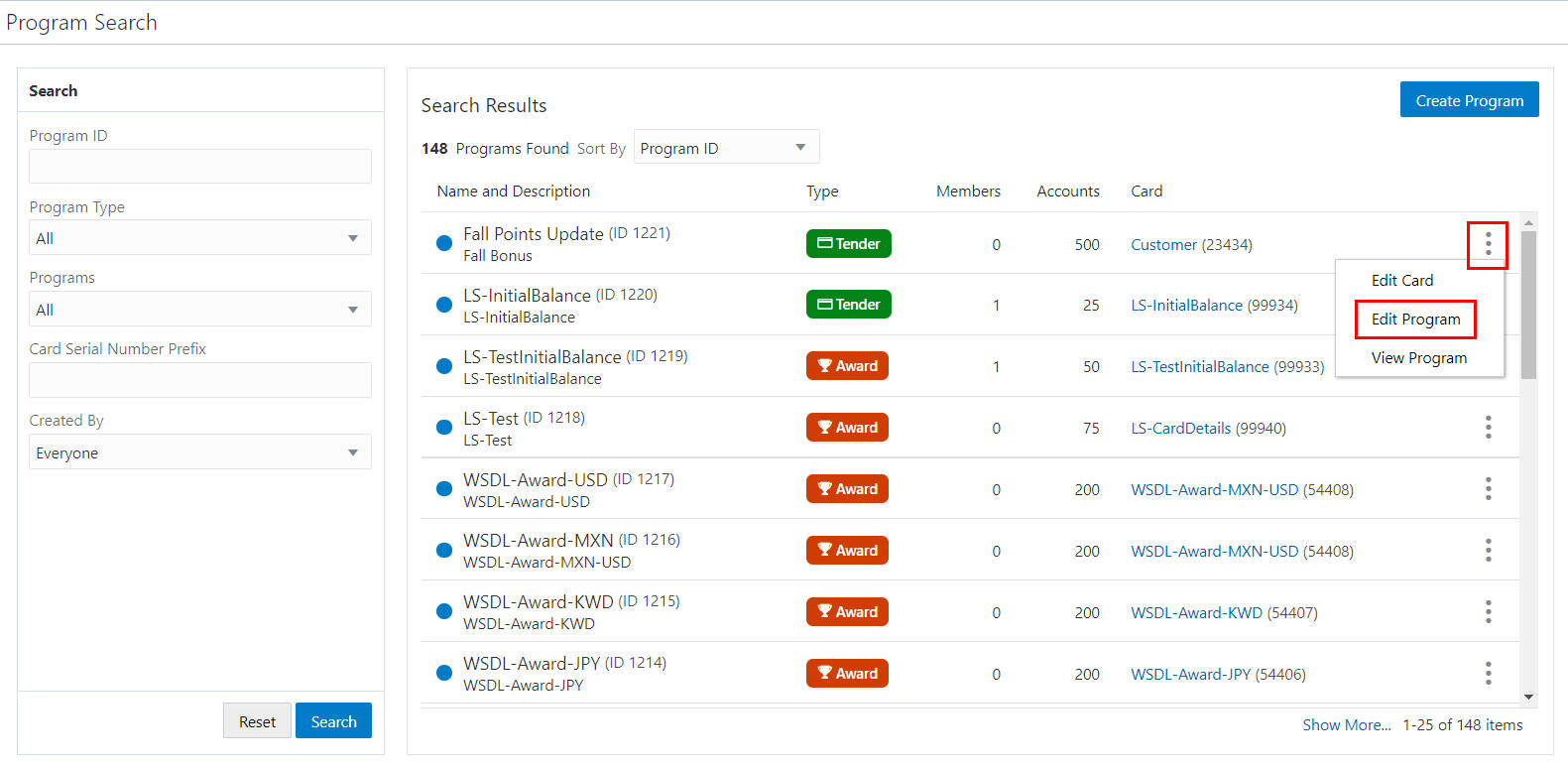 Action Menu Options (Program Advanced Search)