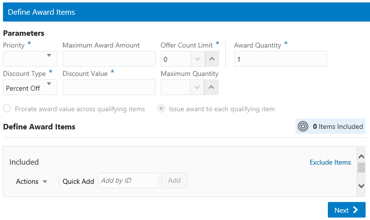 This figure shows the Define Award Items Tab - Buy X Get X