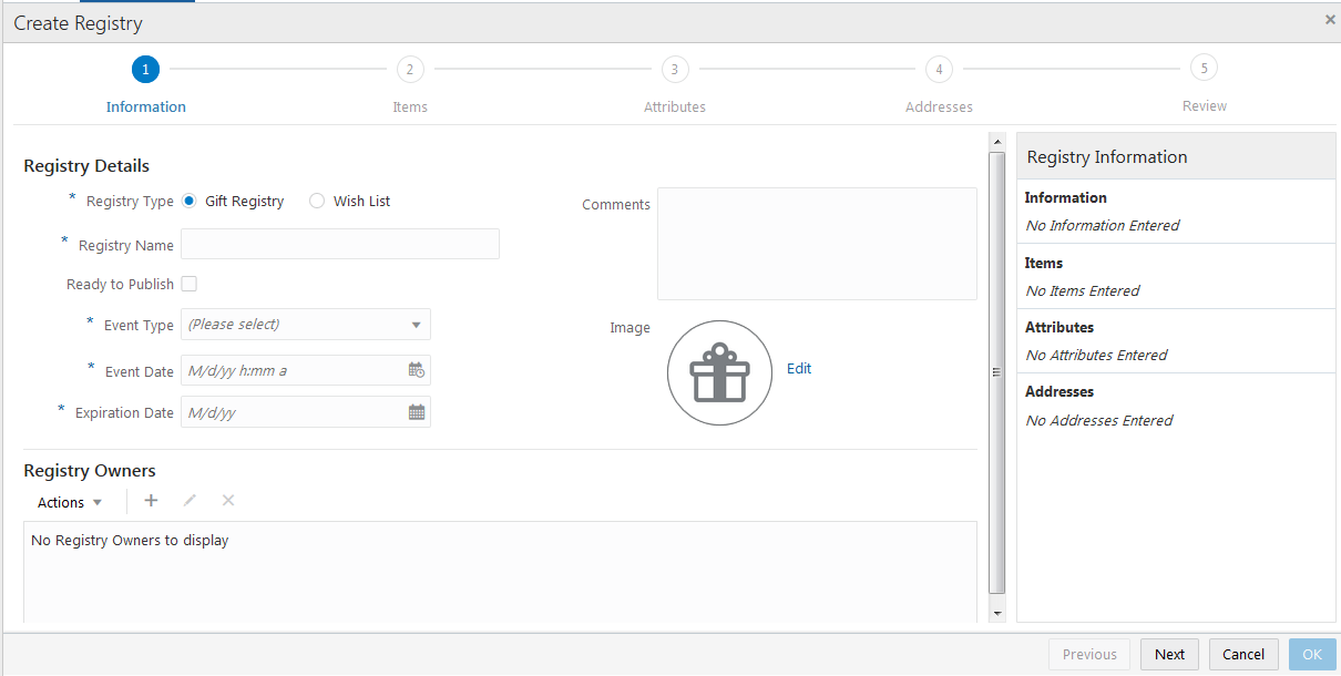 This figure shows the Create Registry Wizard