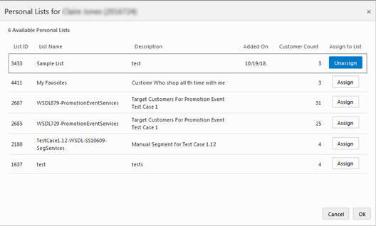 This figure shows the Personal Lists for Customer
