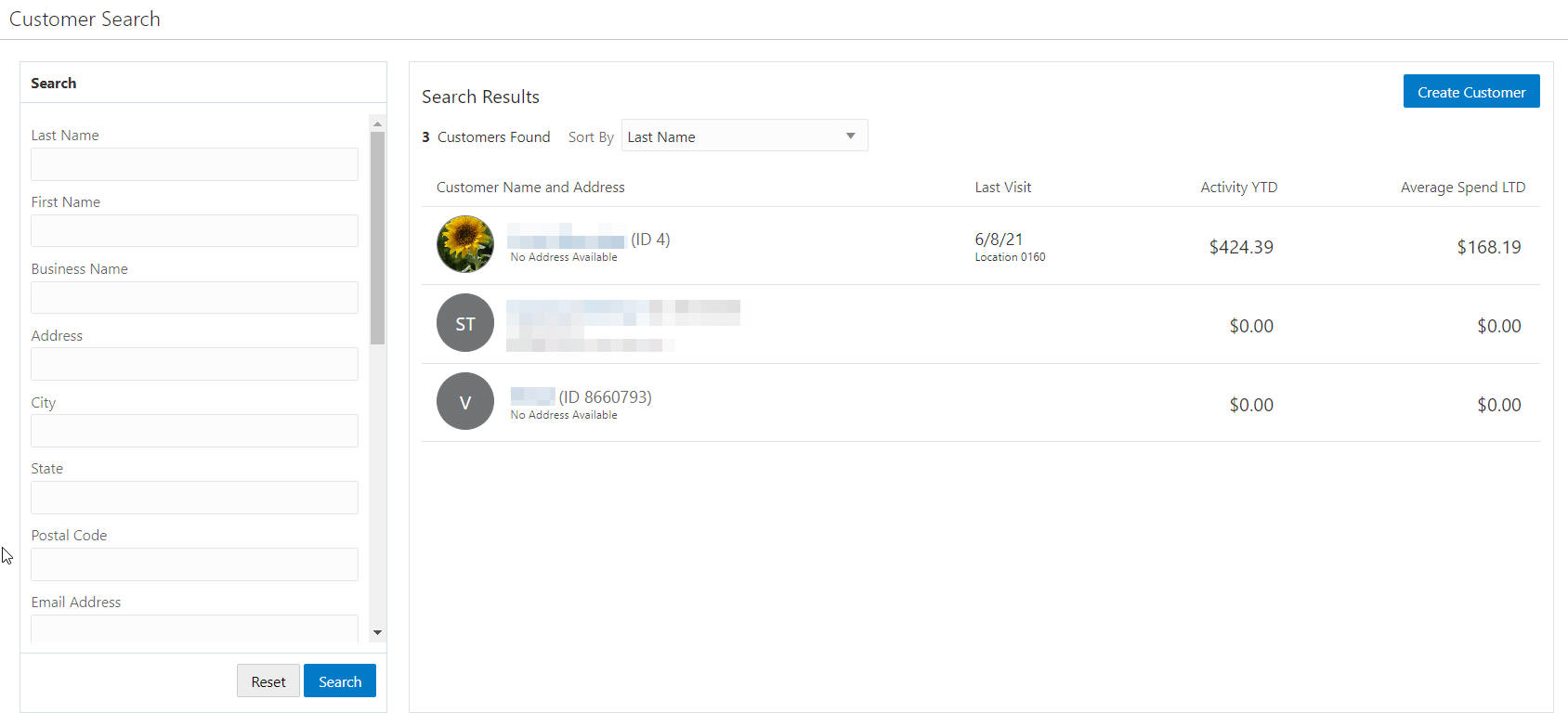 Customer Search Results