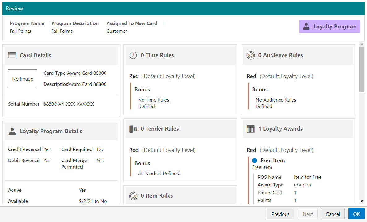 Tender Program - Review Tab (Assigned to New Card)