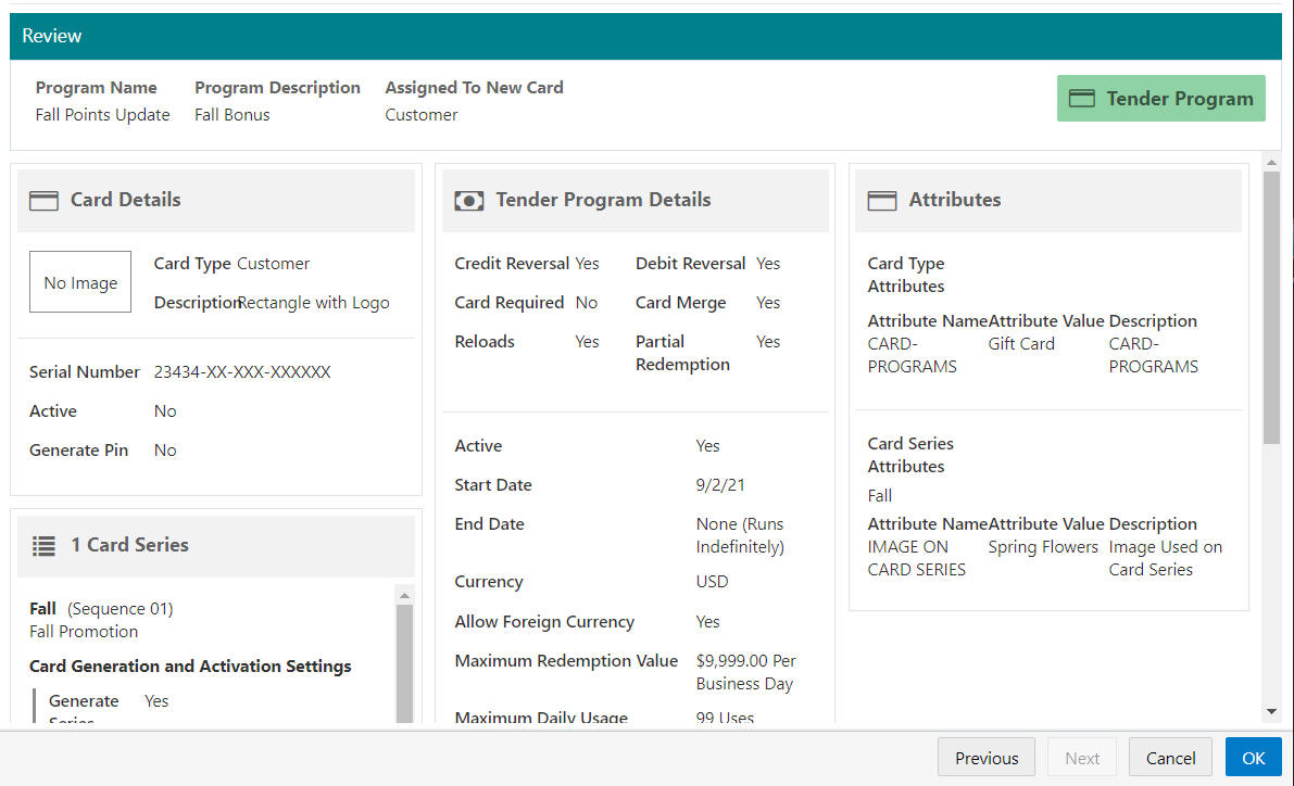 Tender Program - Review Tab (Assigned to New Card)