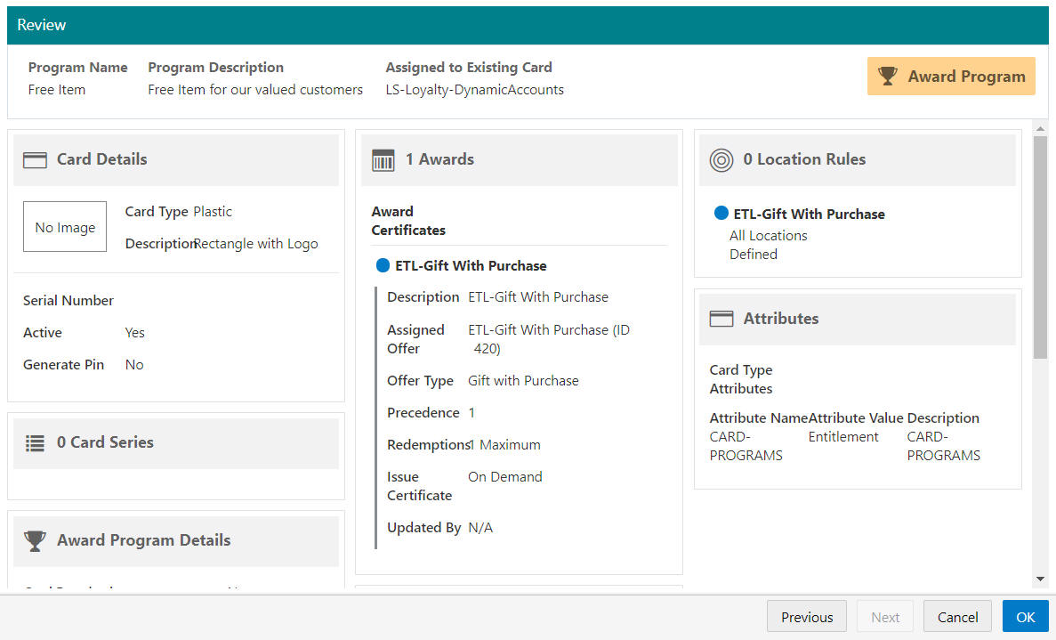 Award Program - Review Tab (Assigned to Existing Card)