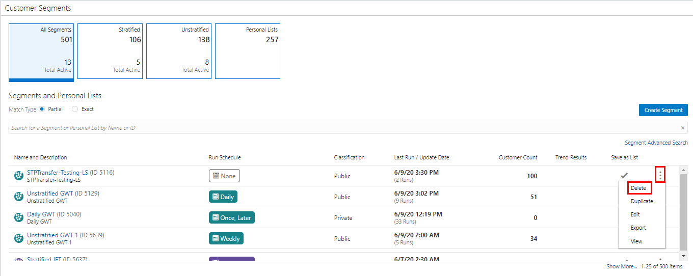 This figure shows the Overflow Menu Options - Segment Quick Search