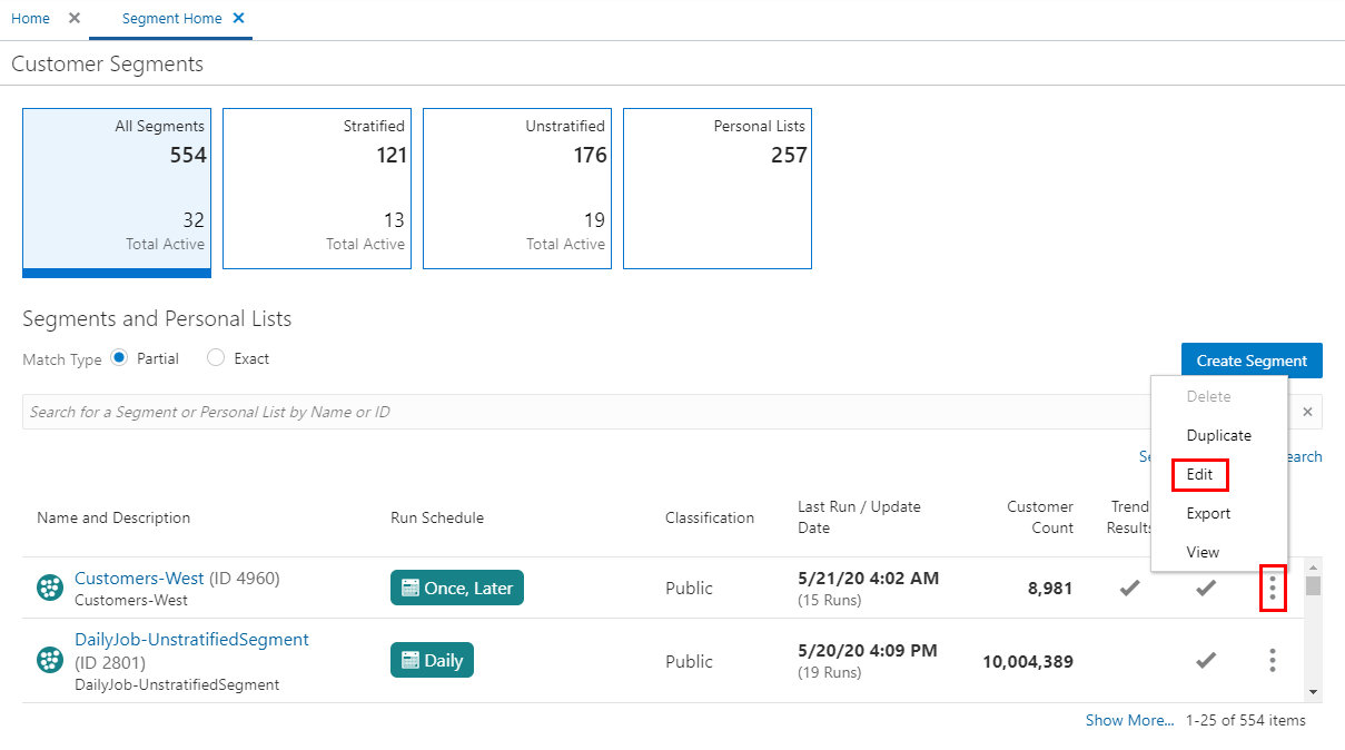 This figure shows the Overflow Menu Options - Segment Quick Search