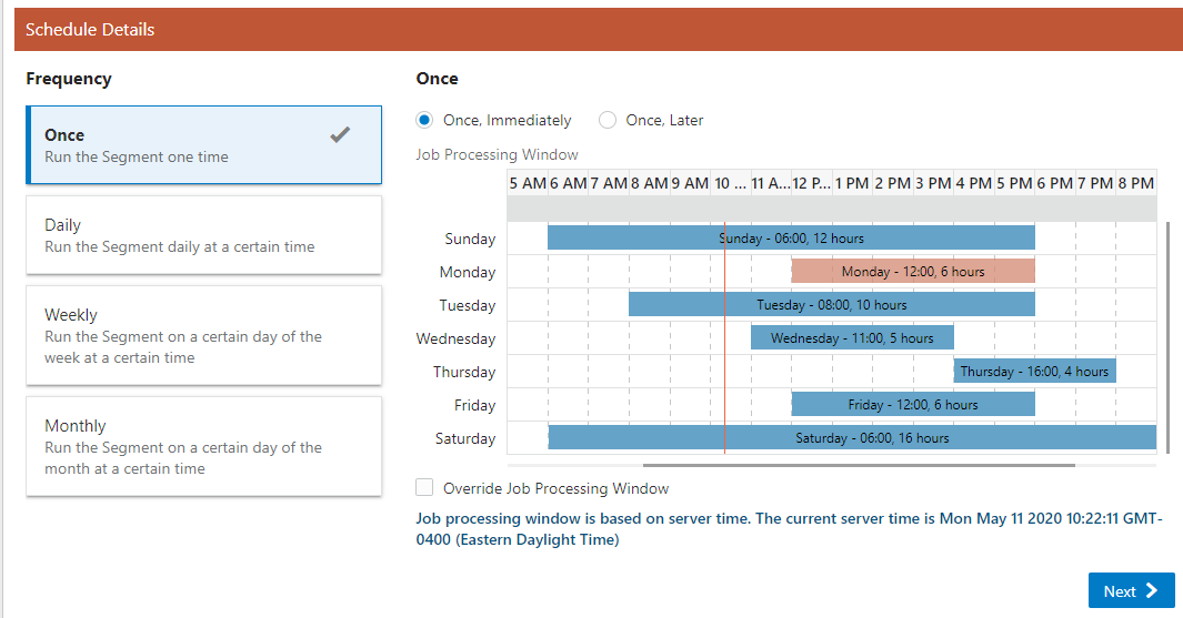 This figure shows the Schedule Frequency; Once, Immediately