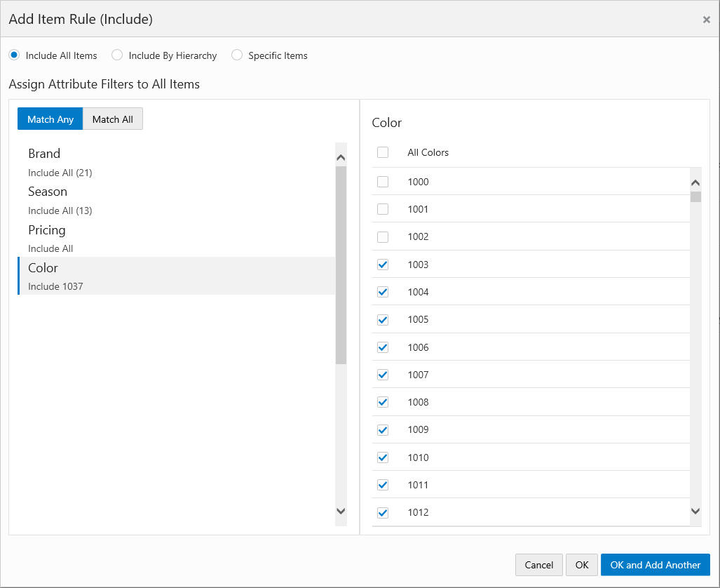 This figure shows the Add Item Rule - Include All Items This figure shows the Add Item Rule - Include All Items