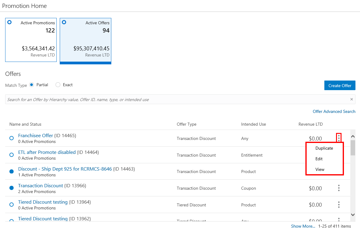 This figure shows the Overflow Menu Options - Offers Quick Search