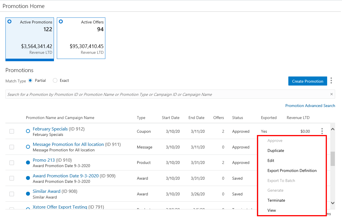 This figure shows the Promotion Home Quick Search Overflow Menu Options: Single Promotion