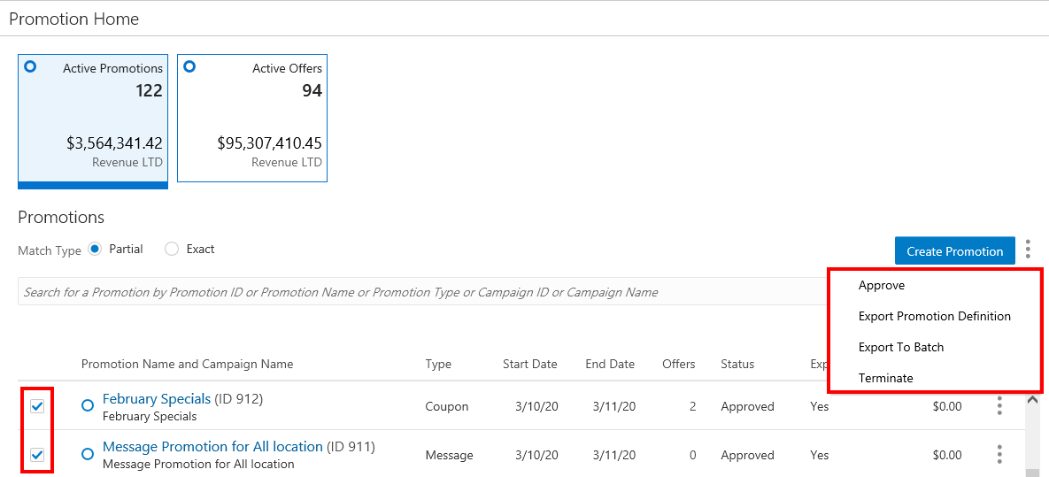 This figure shows the Promotion Home Overflow Menu Options: One or More Promotions