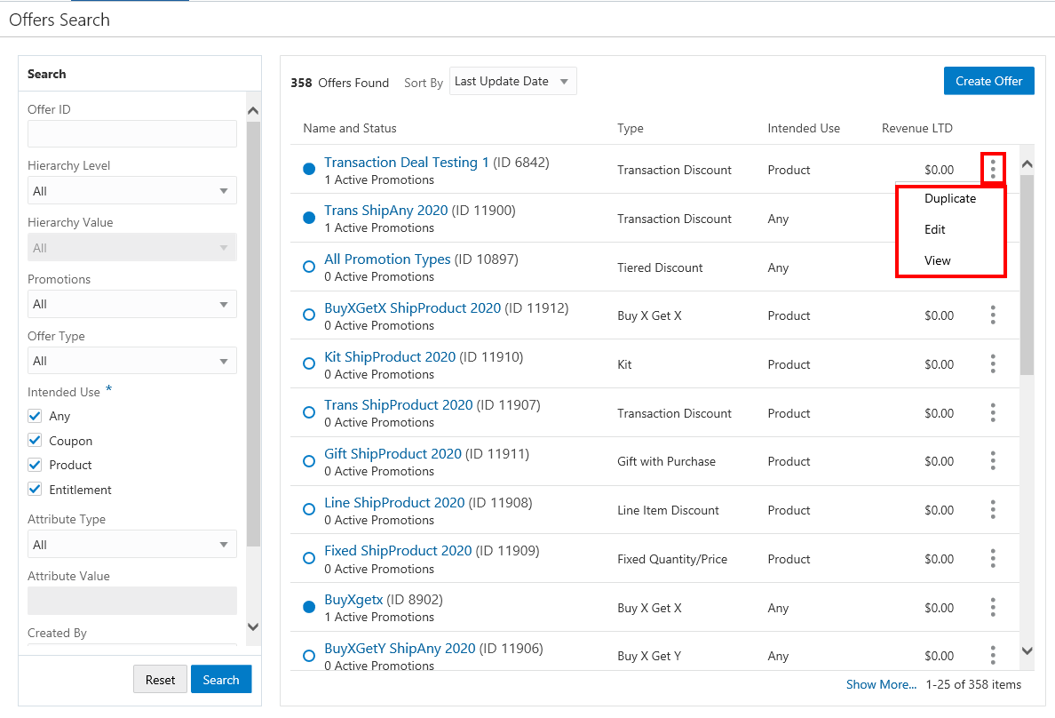 This figure shows the Overflow Menu Options - Offers Advanced Search