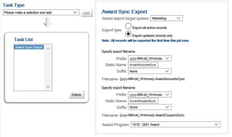 This image shows the Award Sync Export window. This image shows the Award Sync Export window.