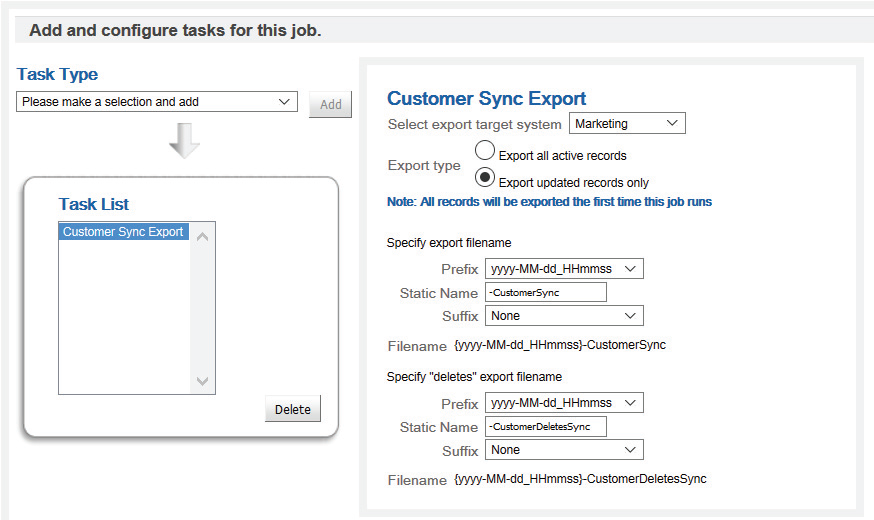 This image shows the Customer Sync Export Parameters for marketing. This image shows the Customer Sync Export Parameters for marketing.
