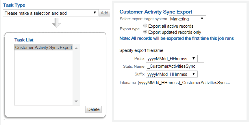 This image shows the Customer Activity Sync Export Parameters for marketing. This image shows the Customer Activity Sync Export Parameters for marketing.