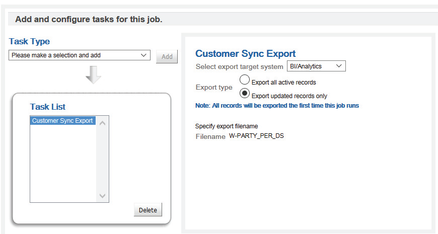 This image shows the Customer Sync Export Parameters for BI/Analytics. This image shows the Customer Sync Export Parameters for BI/Analytics.
