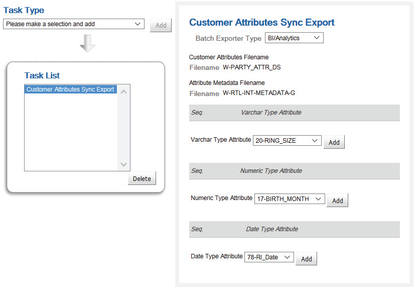 This image shows the Customer Attributes Sync Export Parameters for BI/Analytics. This image shows the Customer Attributes Sync Export Parameters for BI/Analytics.