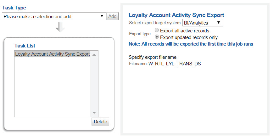 This image shows the Loyalty Account Activity Sync Export Parameters. This image shows the Loyalty Account Activity Sync Export Parameters.