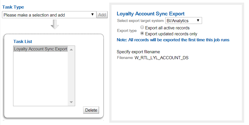 This image shows the Loyalty Account Synch Export parameters. This image shows the Loyalty Account Synch Export parameters.