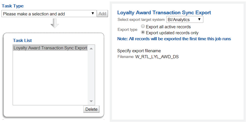 This image shows the Loyalty Award Transaction Sync Export parameters. This image shows the Loyalty Award Transaction Sync Export parameters.