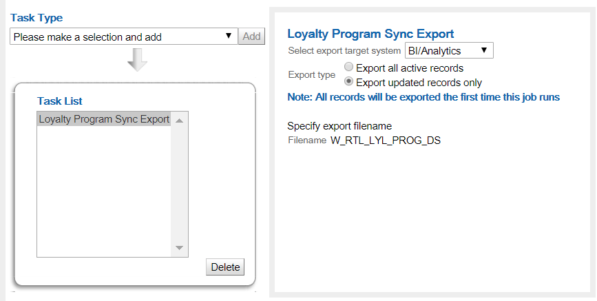 This image shows the Loyalty Program Sync Export parameters. This image shows the Loyalty Program Sync Export parameters.