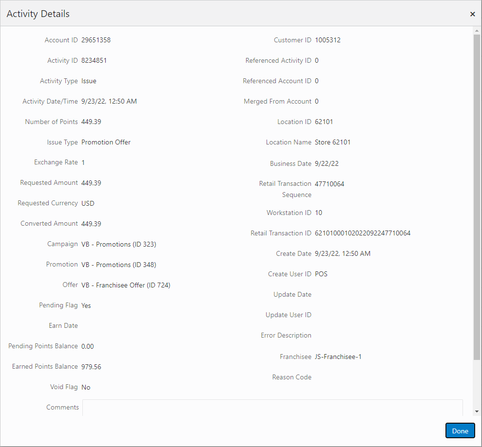 Activity Details - Loyalty Account