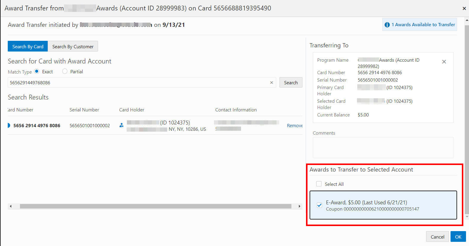 Awards to Transfer to Selected Account