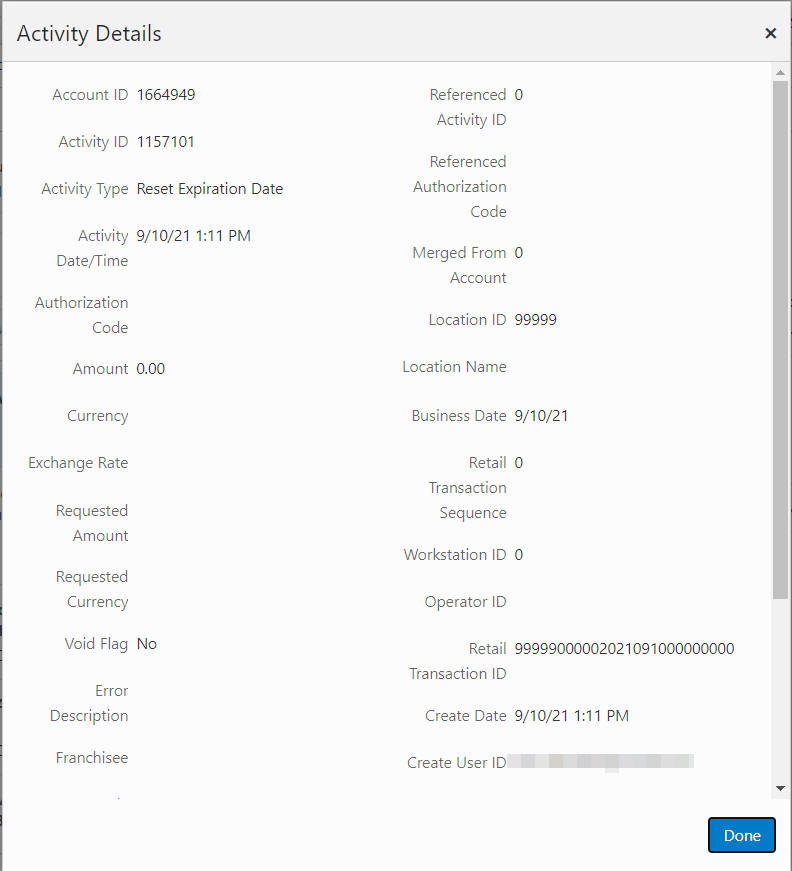 Activity Details Window - Tender Account Activity Details Window - Tender Account