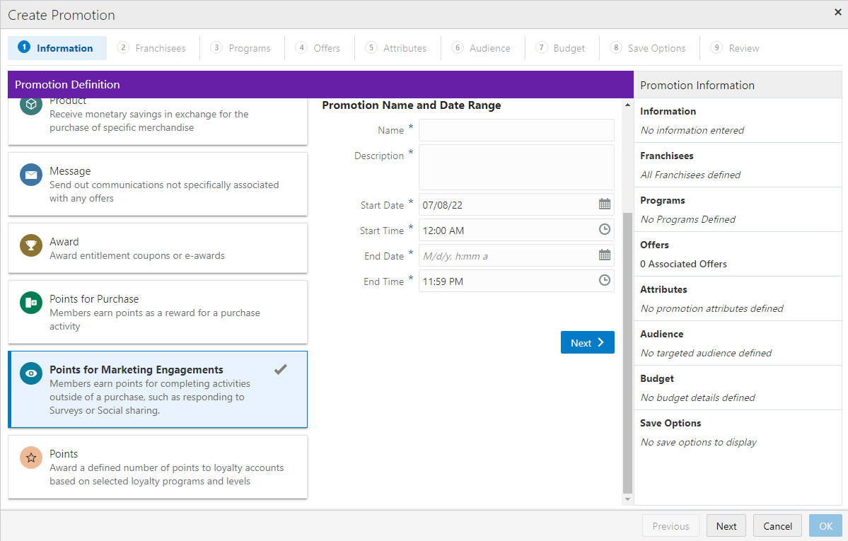 Information Tab - Points for Marketing