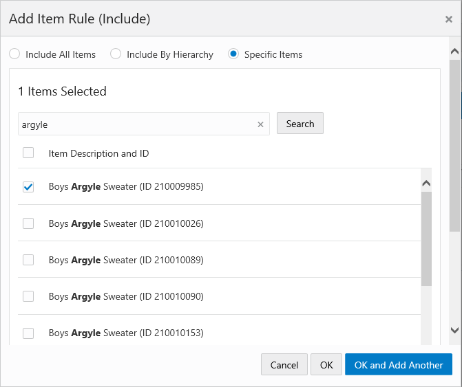 This figure shows the Add Item Rule - Specific Items